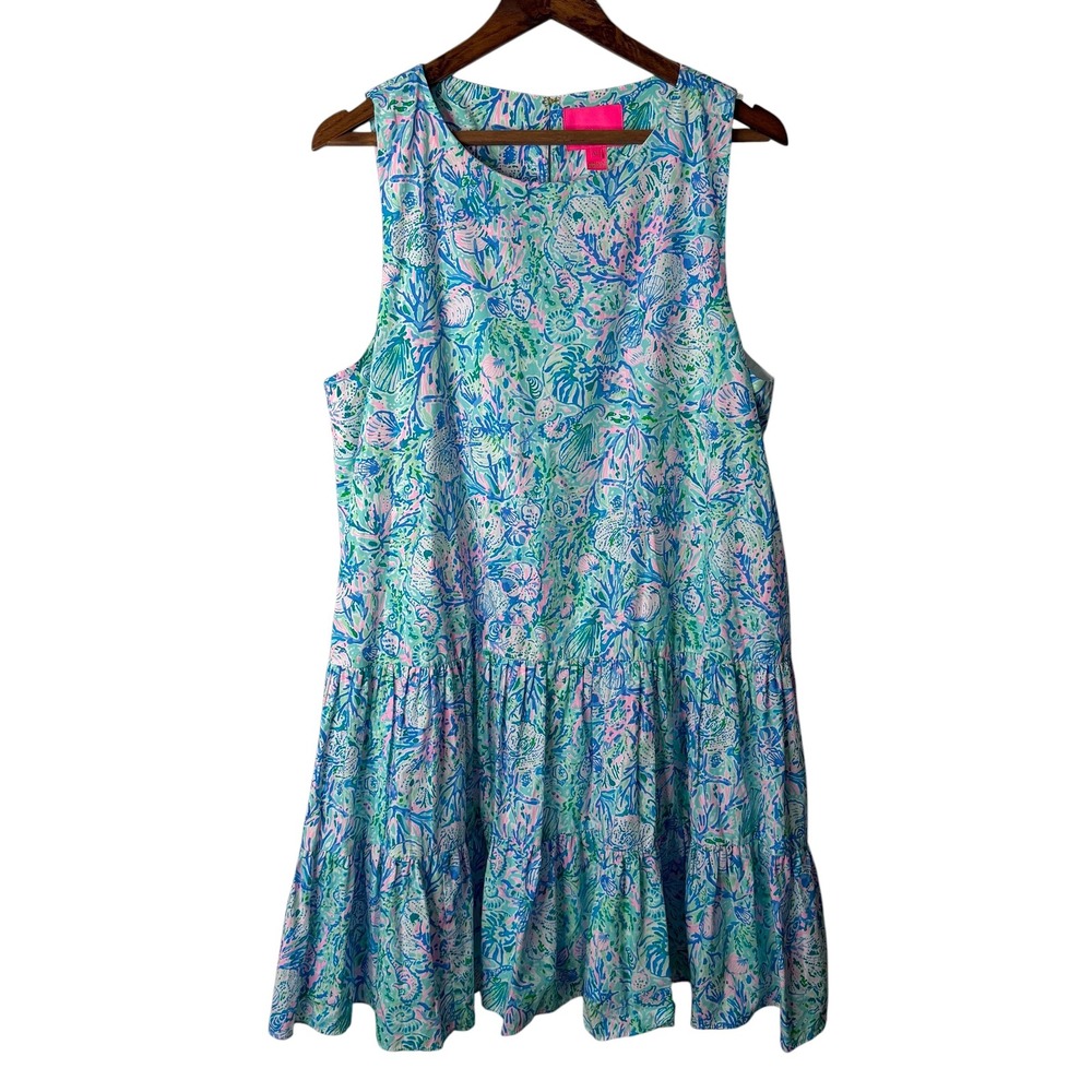 Lilly Pulitzer Women's Trina Dress Bondi Blue Size XL Cotton Tiered Shift Dress - Picture 1 of 10